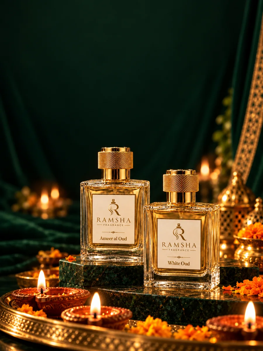 Ramsha fragrances beside festive diyas