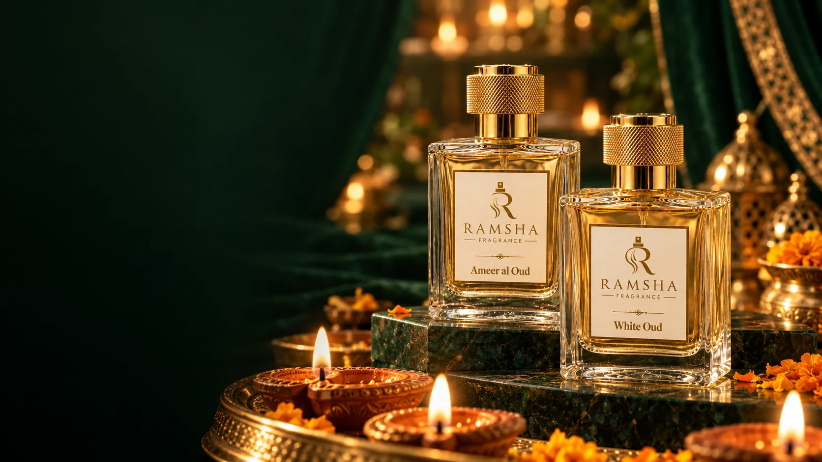 Ramsha Ameer al Oud and White Oud in warm Diwali diya light